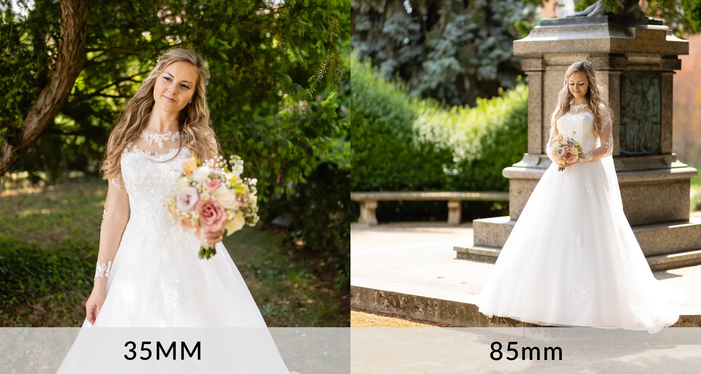 Vergleich zwischen 35mm und 85mm Brennweite in der Hochzeitsfotografie, fotografiert bei einem Brautshooting mit Angelina